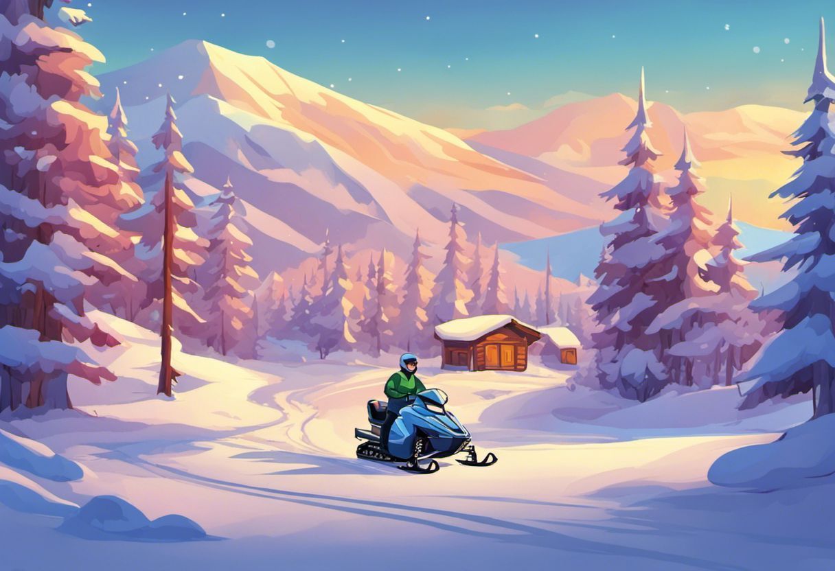 Paysage hivernal avec une motoneige colorée en action